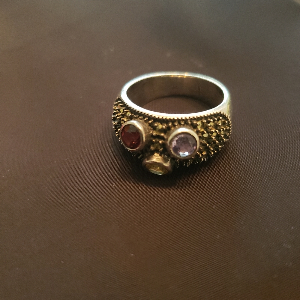 Vintage Judith Jack SS marcusite, amethyst, citrine, and Garnet ring